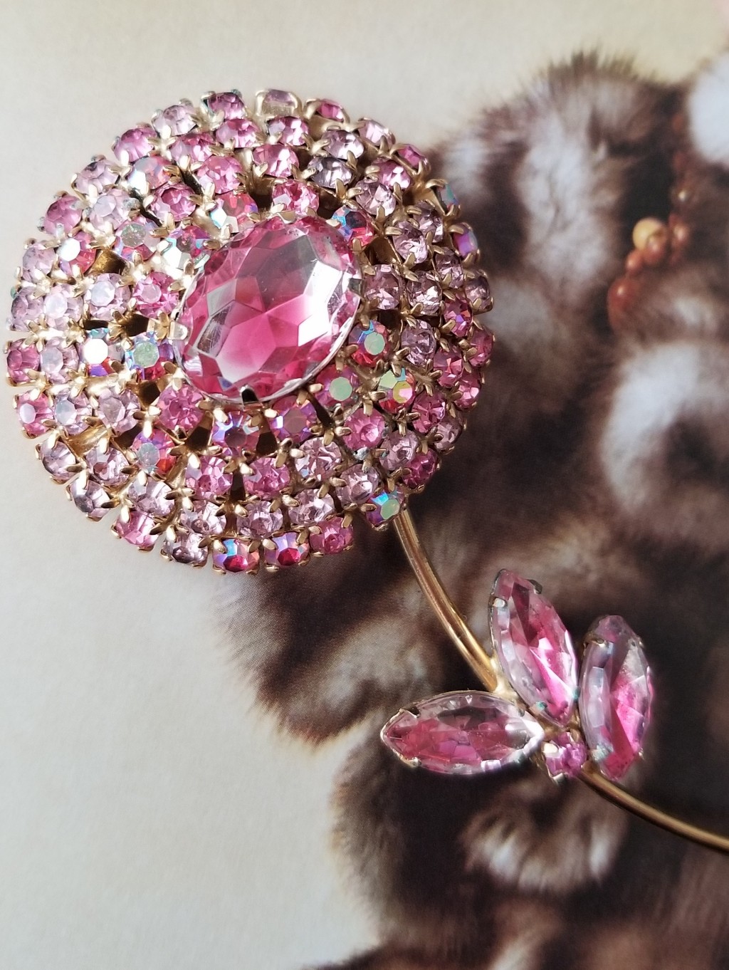 Vintage 50s Large Pink Rhinestone Flower Statement Brooch